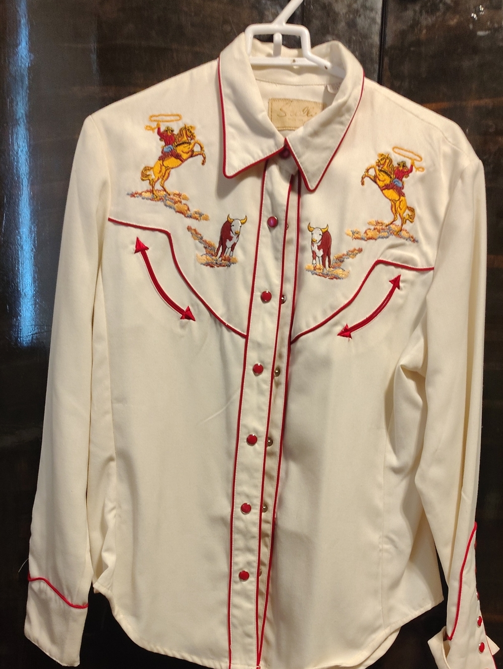 Rare Scully Cream Western Shirt Embroidered Cowboy Red Snaps